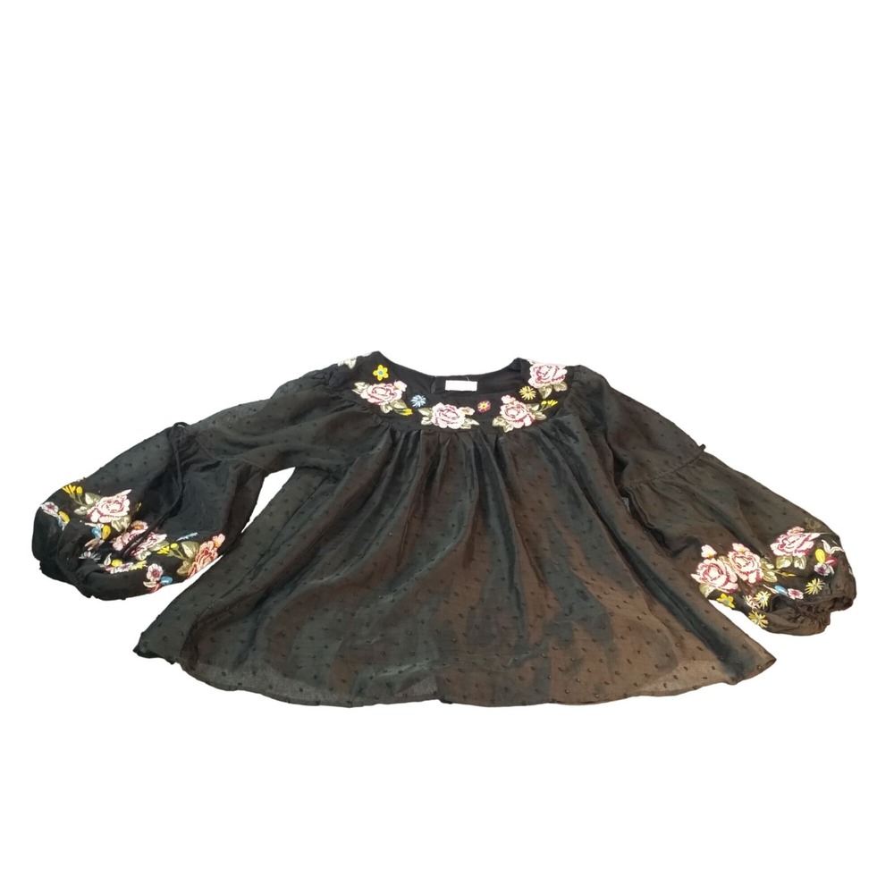 Altar'd State Blouse Women Sz M Black Floral Embroidered Puff Sleeve Boho Crop‎